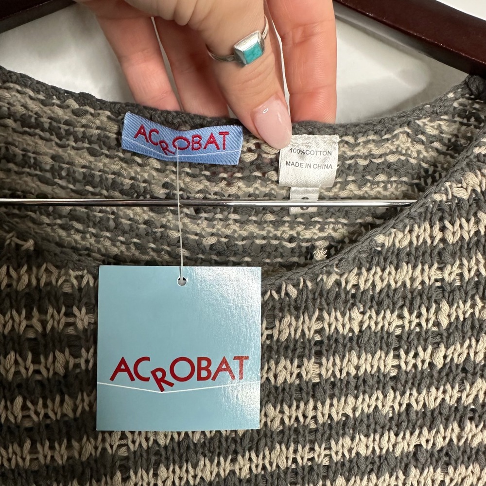 Acrobat Striped Open Knit Cotton Sweater Women's Small Grey Beige NWT - Picture 4 of 7